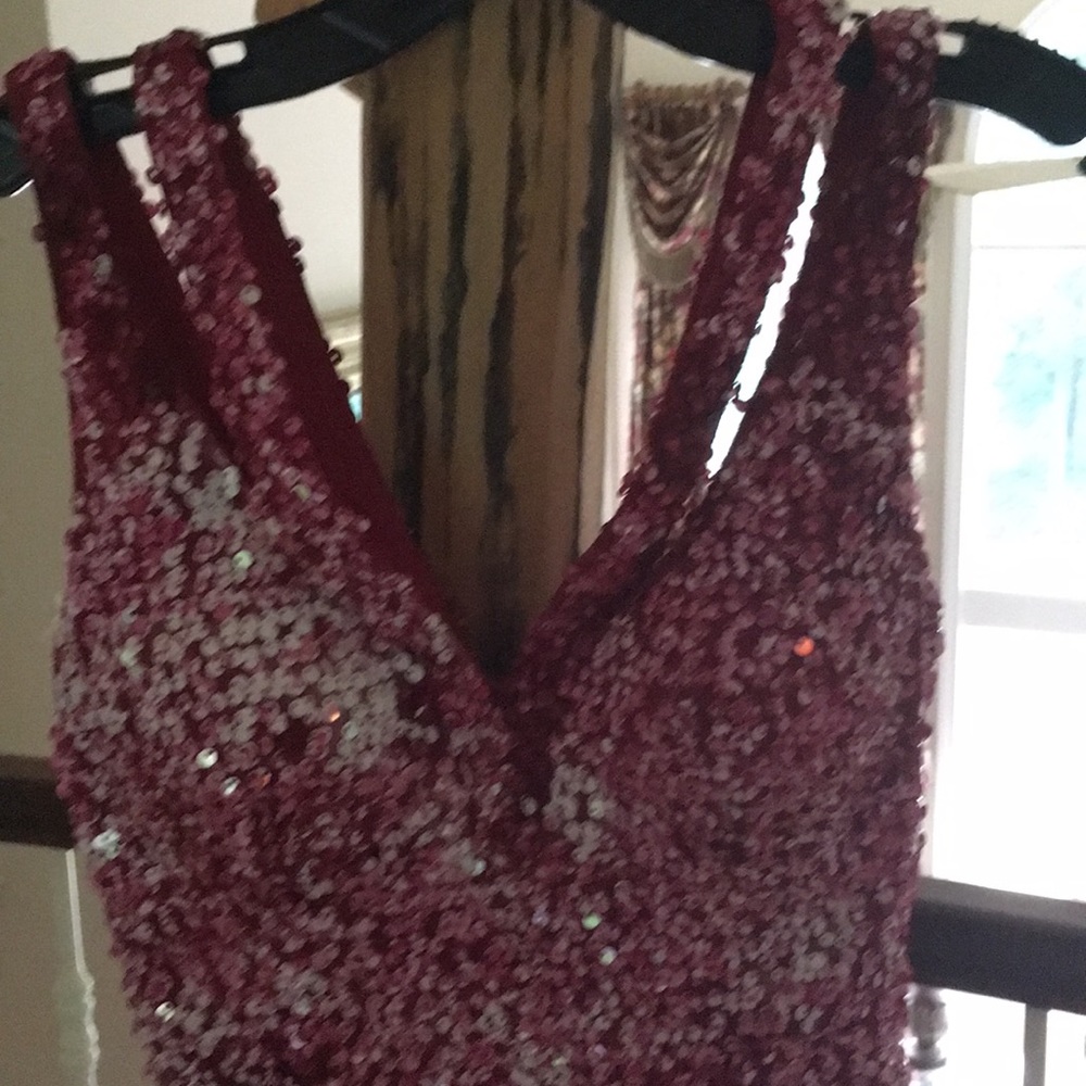 Hot pink, pink and deep burgundy dress.